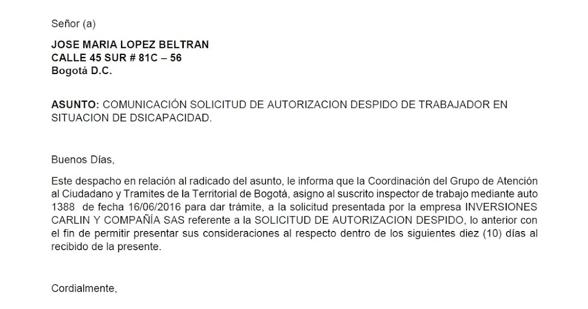Carta De Despido Sin Justa Causa - iCartas.org